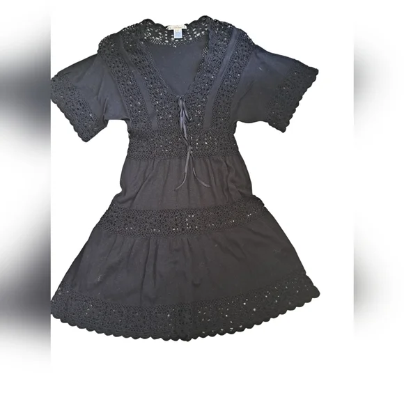 NANETTE LEPORE black cotton crochet knit cut out short sleeve cover up dress M - Picture 8 of 10